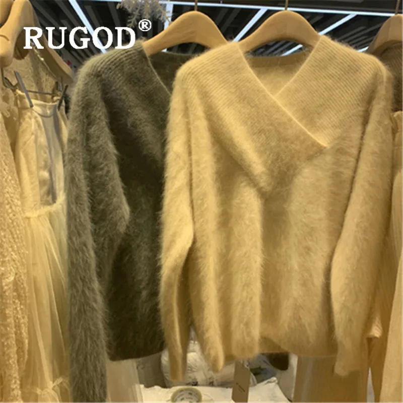 Свитер женский RUGOD, мягкий, теплый, норковый кашемировый свитер, женский, элегантный, v-образный вырез, длинный рукав, вязаный пуловер, зима, осень, свитер, Pull Femme, джемпер кофта женская