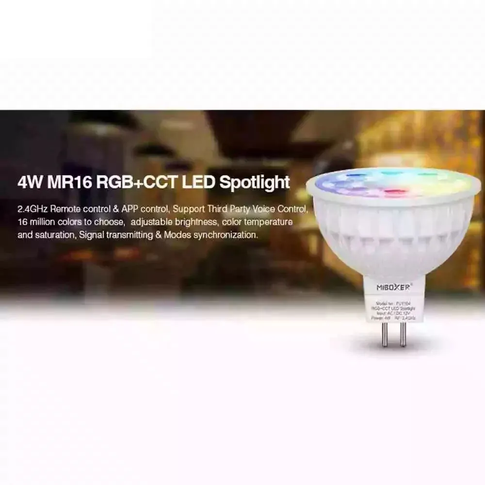 

Miboxer FUT104 4W MR16 RGB+CCT LED Spotlight 2.4 GHz RF Remote Controllable RGB+CCT/ Dual White