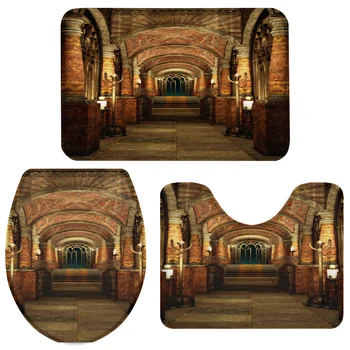 

Corridor Palace Lighting Ancient Building Bath Set Toilet Cover Mat Pedestal Rug Non-Slip Bathroom Rug Set