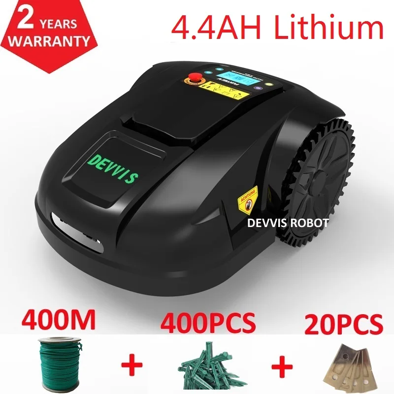 

DEVVIS Pre-Programmed Robotic Lawn Mower with Rain Sensor and Safety Shut-Off with 400m wire+400pcs pegs+20pcs blades