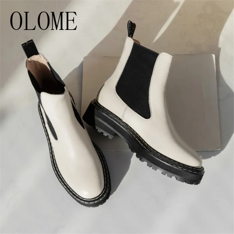 

OLOME New Fashion Black Genuine Leather Women Ankle Boots Round Toe Slip On Thick Mid Heel Women Autumn Winter Boots Shoes Woman