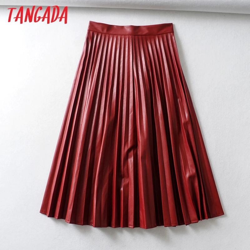Tangada, женская красная юбка миди из искусственной кожи, винтажная, женская,, офисная, женская, элегантная, шикарная, на пуговицах, плиссированная, миди, юбки 6A312