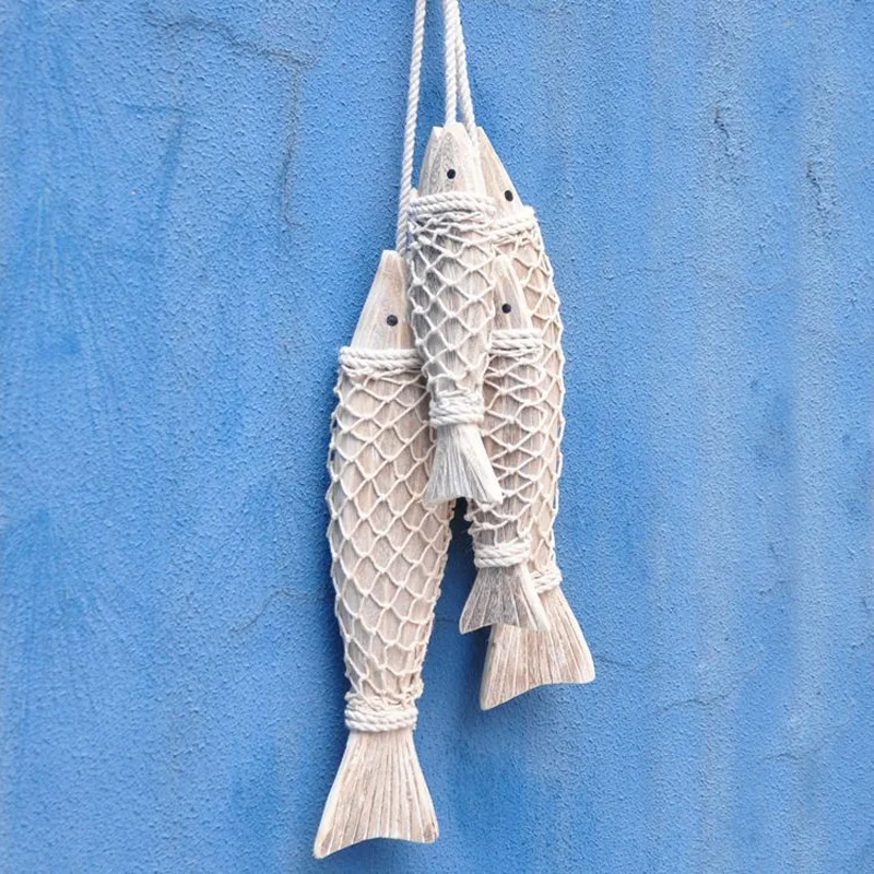 

Mediterranean Style Retro Rustic Hand Carved Hanging Wood Fish Decorations Creative Ornaments Home Habitacion Girl's Room Decor