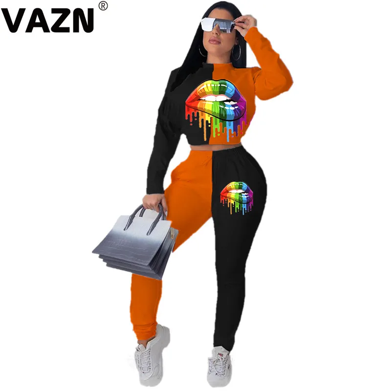 Orange VAZN MDF5093 осенний энергетический Повседневный модный спортивный костюм, 3 цвета, топ с длинными рукавами, длинные штаны, тонкий женский комплект из 2 предметов - Color: Orange