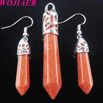 

Set Women Jewelry Natural Golden Sand Gem Stone Hexagonal Pointed Reiki Chakra Beads Pendant Dangle Earrings PQ3053