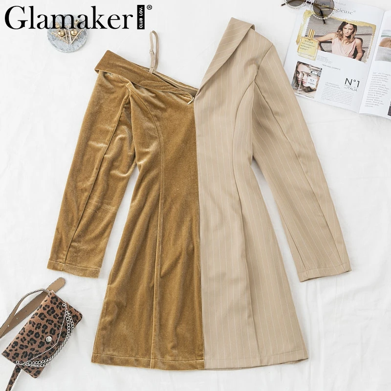 Glamaker, элегантное бархатное лоскутное платье-Блейзер, женские осенние вечерние платья с асимметричным воротником, короткое элегантное офисное сексуальное платье, зимнее