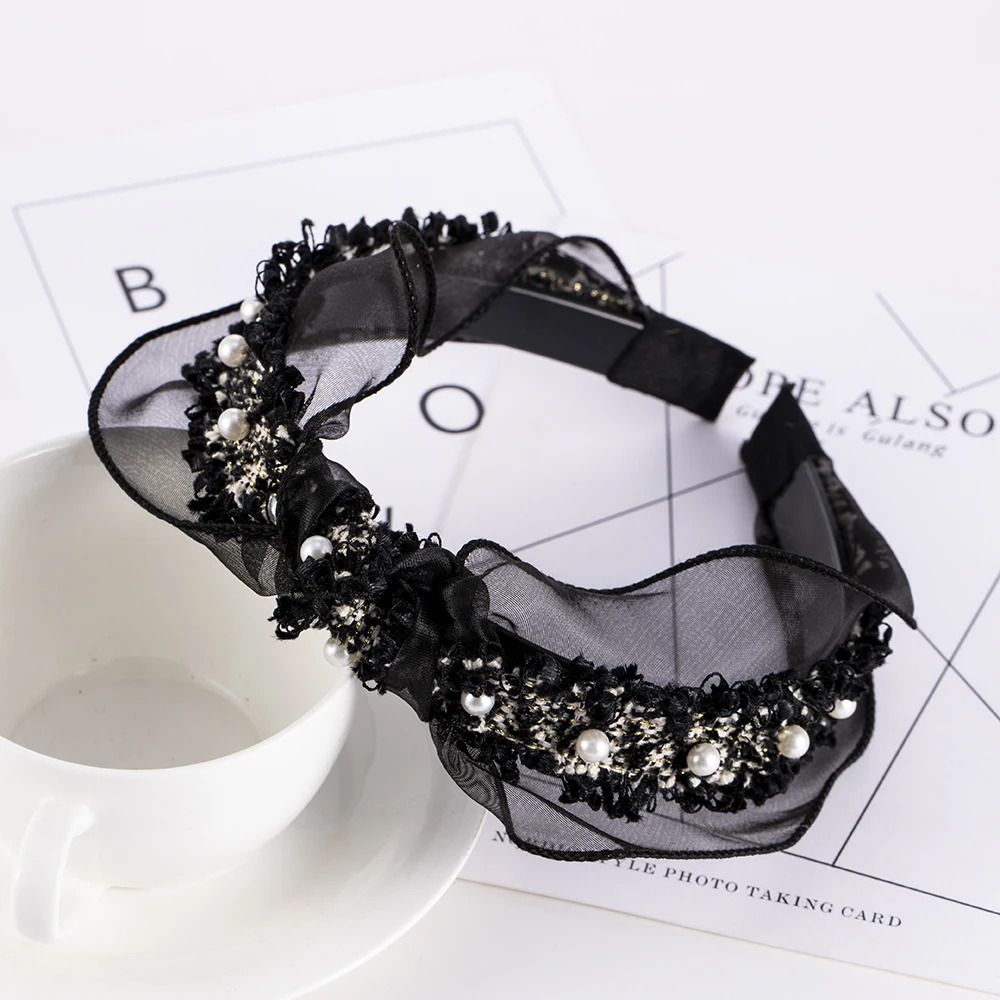 

Soft Solid Girls Hairband Hair Accessories Pearl Fashion Women Spring Autumn Headband Vintage Cross Knot Elastic Hair Bands New