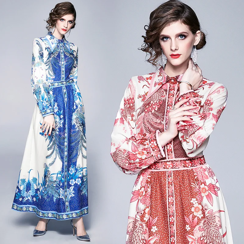 

Large And Medium ro.ro And American Style Debutante Elegant Spring And Summer New Style Retro Palace Printed Long Sleeve Big Hem