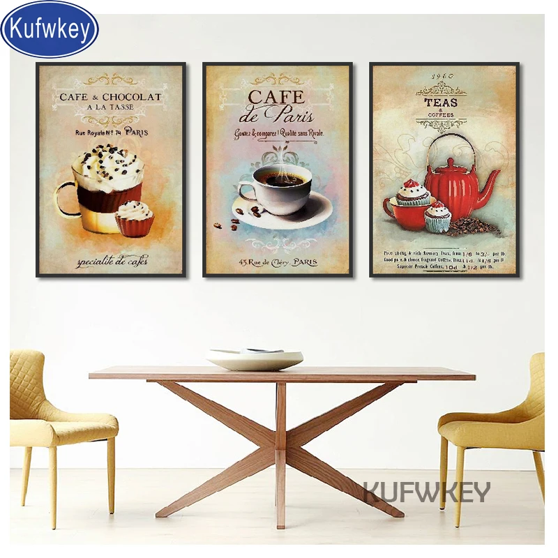 

Round diamond 3 pcs Vintage Modern Minimalist Coffee Dessert diamond painting Abstract art Home Decoration Kitchen wall Pictures