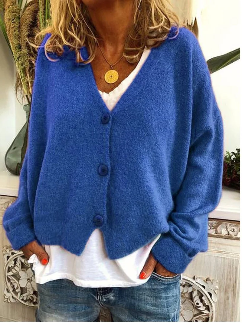 Модный повседневный свободный свитер с v-образным вырезом, длинный рукав, Открытый свитер для осени и зимы, женский, с пуговицами, хлопковый свитер, Топ