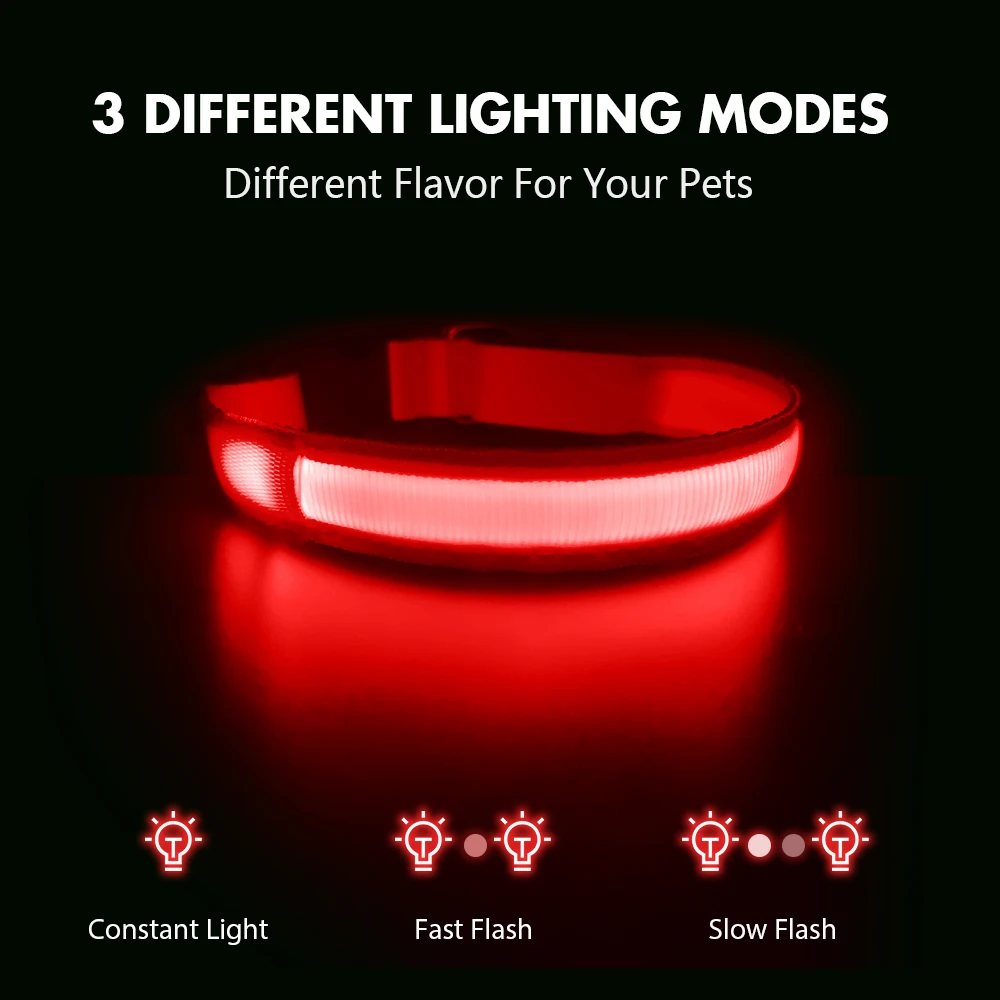 USB de carga intermitente Collar de perro lleva LED luz nocturna para seguridad de Anti-perdido/evitar accidente de coche perro de Nylon Collar ajustable para mascota