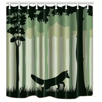 

Forest Animal Woodland Shower Curtain, The Fox Contour in Mysterious Tree Silhouettes Decor, Polyester Fabric Shower Curtain Set