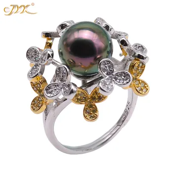 

JYX Amazing 11mm Natural Peacock purple round Tahiti Ring flower 925 silver brooch high luster