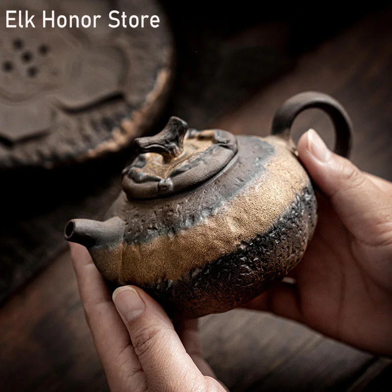 280ml Ancient Japanese Style Coarse Ceramic Teapot Handmade Gilding Glazed Household Teakettle