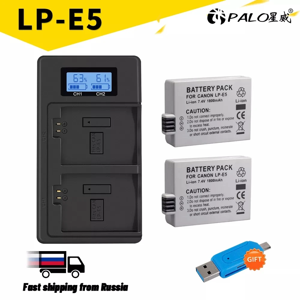 

LP-E5 LPE5 LP E5 Camera Battery + LCD Daul USB Charger for Canon EOS 1000D 500D 450D Kiss X3 X2 F EOS Rebel XS XSi Rebel T1i.
