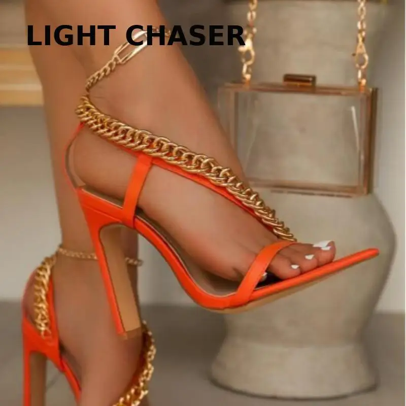 

Summer Shoes Sexy Female High-heeled Sandals Metal Chain Comfortable Pointed High Heels Fashionable Large Size Female Sandals 42