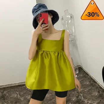 

Green Square Yellow Collar Sleeveless Mosaic Ruffled Woman Doll Shirt Sweet Versatile Simple Fashion 2020 Summer New