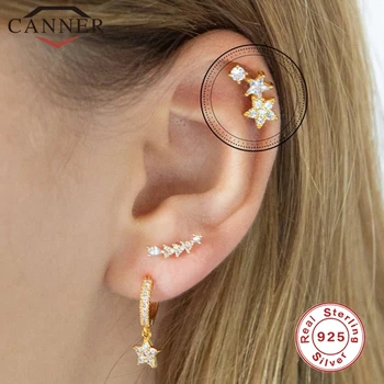 

CANNER 925 Sterling Silver Fine Jewelry Star Shining Zircon Small Stud Earrings Gold Color Ears Stud For Women Piercing Earings