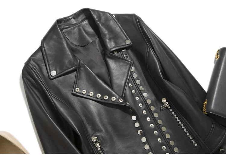 New sheep leather coat female rivet heavy locomotive leather brief paragraph cultivate morality