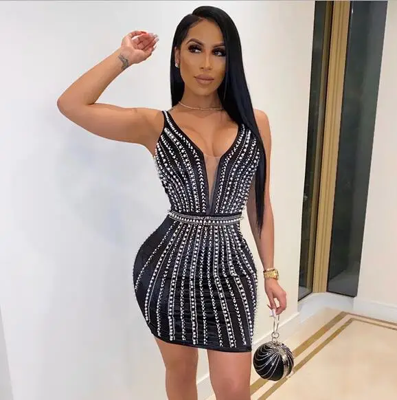 Women Luxury Sexy Backless Mesh Pearl Black Bodycon Summer Dress 2020 Designer Evening Party Vestido | Женская одежда