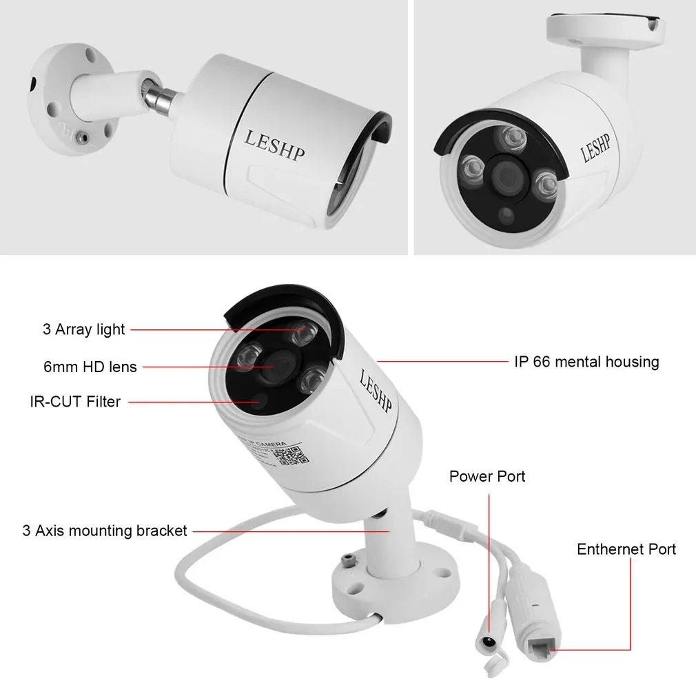 LESHP HD 4.0MP POE IP Bullet Camera Outdoor Waterproof Security Camera Day/Night Vision Motion Detection Intelligent Alarm