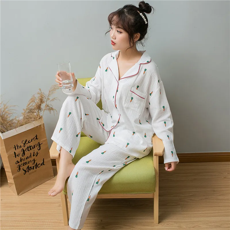 Full Printed Carrot Picture Cotton Cardigan V-neck Pajamas Set for Ladies Autumn and Winter Cute Sweet Home Clothes Women Pijama