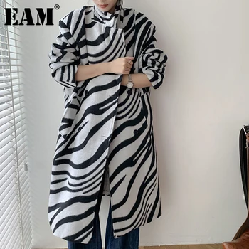 

[EAM] Loose Fit Zebra Pattern Big Size Long Woolen Coat Parkas New Long Sleeve Women Fashion Tide Autumn Winter 2020 1DD0739