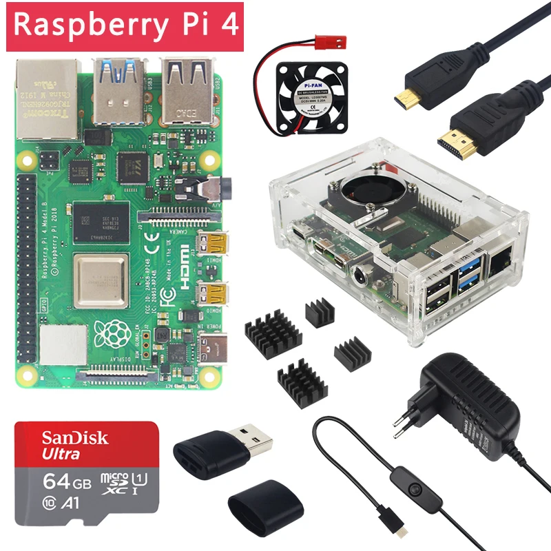  Original Raspberry Pi 4 Model B 1/2/4GB RAM + Case + Fan + Heat Sink + Power Adapter + 32/64 GB SD 