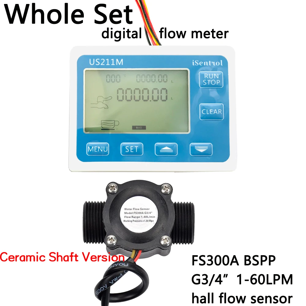 

US211M Digital Flow Meter Display Totalizer Flow Measurement with Nylon Water Flow Sensor FS300A G3/4" Turbine Flowmeter iSentro