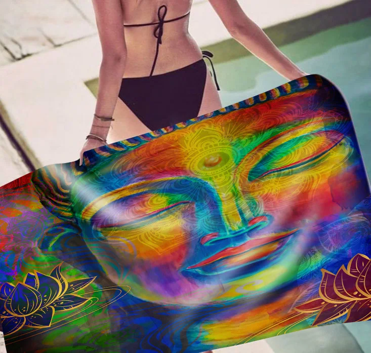 

New Style Europe And America Rectangular Hand-Painted Buddha Head 3D Digital Printing Seaside Pool Beach Towel Bath Towel