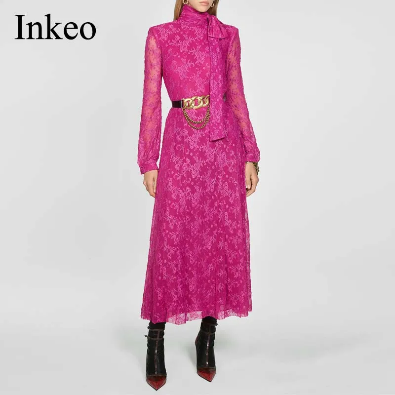 Baratos Vestido de encaje para mujer con lazo 2019 nuevo vestido largo elegante de manga larga de cuello alto color sólido Vestidos femeninos Chic INKEO 9D019