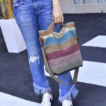 

2020 Women stripe Canvas Casual Shoulder Bag Travel Handbag Ladies Zipper Large Capacity Crossbody Messenger Bag Bolsa Feminina