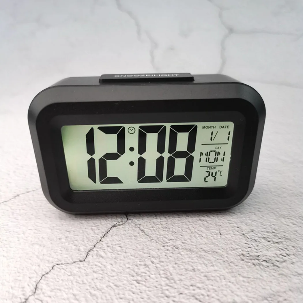 Snooze Digital LCD Desk Alarm Clock Calendar Thermometer with Backlight Black 