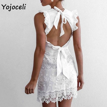 

Yojoceli chic lace embroidery crochet dress women back bow mini dress white party club lace dress