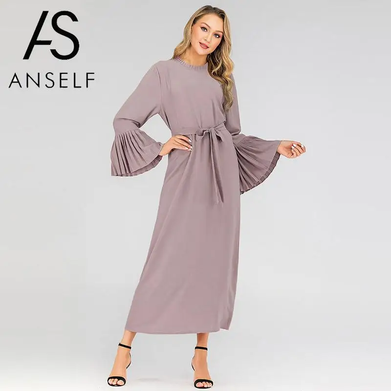 5XL размера плюс, длинные халаты, женское мусульманское длинное платье, плиссированное, с длинным рукавом, с поясом на талии, одноцветные, Средний Восток, рамаданс, платье абайя