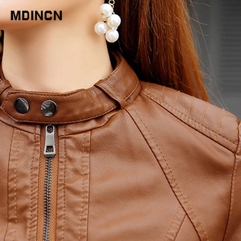 MDINCN Silm Женская куртка осень-зима новая искусственная кожаная куртка с застежками-молниями Базовая куртка из смешанной кожи с воротником-стойкой 3XL