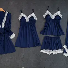 Темно-синие женские 5 шт ремень топ брюки костюм пижамы пижамный комплект весна осень домашняя ночная рубашка соблазнительное кимоно халат m-xl