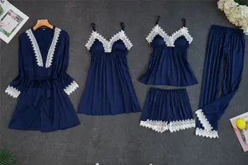 

Navy Blue Women 5PC Strap Top Pants Suit Pajamas Sleepwear Set Spring Autumn Home Wear Nightwear Sexy Kimono Robe Bath Gown M-XL