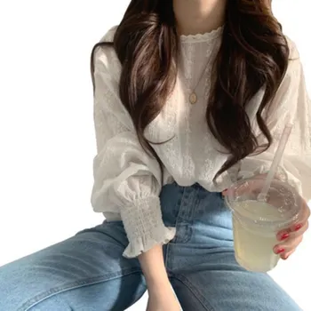 

New Elegant Women Blouses Lantern Sleeves O neck Lace White Floral Hollow Chiffon Shirt Vintage Casual Sweet Korean Femme Tops!