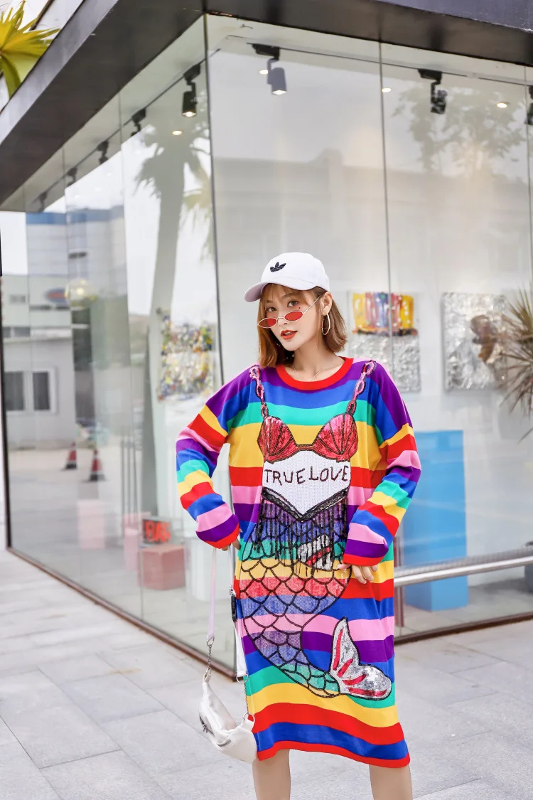 Осенне-зимнее корейское Элегантное трикотажное платье для женщин, уличная полоса, платье с блестками, с круглым вырезом, контрастный цвет, платья-свитера
