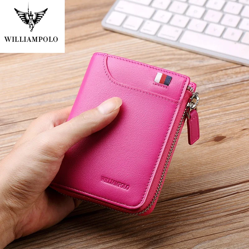 

WilliamPolo Full-Grain leather Short Wallet Women Fashion Credit Card Holder Coin Purses Business Cowhide zipper buckle