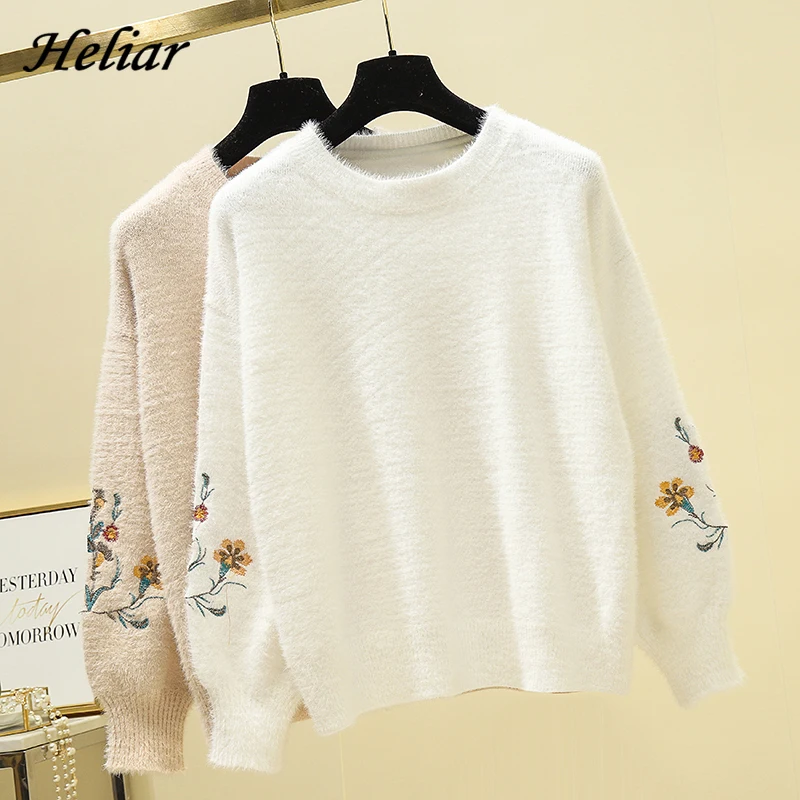 Heliar Velvet Winter Sweater Female Floral Embroideried White Knitted Pullovers Long sleeve Street Tops Thick For Women | Женская одежда