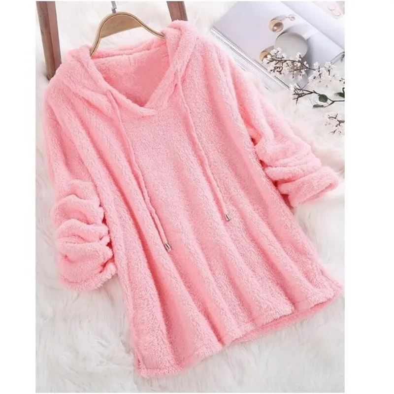 Women Warm hoodies Winter Solid Color Long-sleeved Hooded Fur Double-faced Fleece Sweater plush sweatshirt Pajamas 5XL