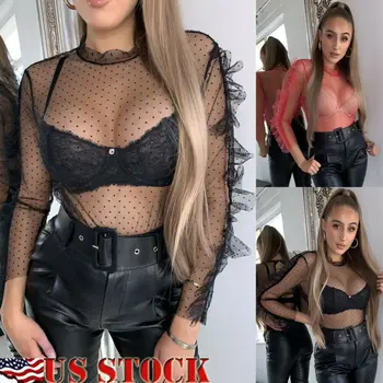

Womens Sheer Mesh See-through Blouse T-Shirt Ladies Polka Dot V-Neck Casual Tops Cover Ups Beachwear