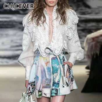 

CHICEVER Patchwork Two Piece Set For Women Embroidery Ruffle Shirts Print High Waist Denim Shorts Female Suits 2020 Autumn New