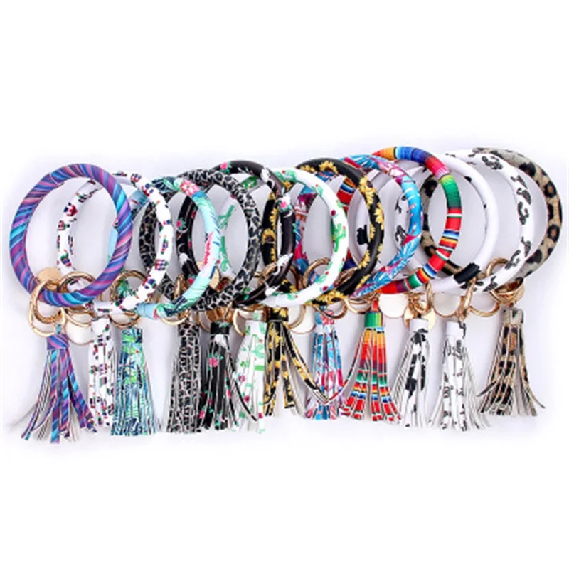 

ZG New Fashion Multiful Tassel Keychain Enamel PU Leather O Key Chain Monogram Circle Wristlet Keychain For Women Girls