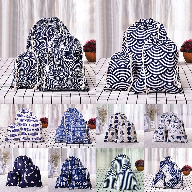 

1pcs Blue Geometric Drawstring Cotton Linen Storage Bag Gift Candy Jewelry Organizer Cosmetic Coins keys Bags 49284
