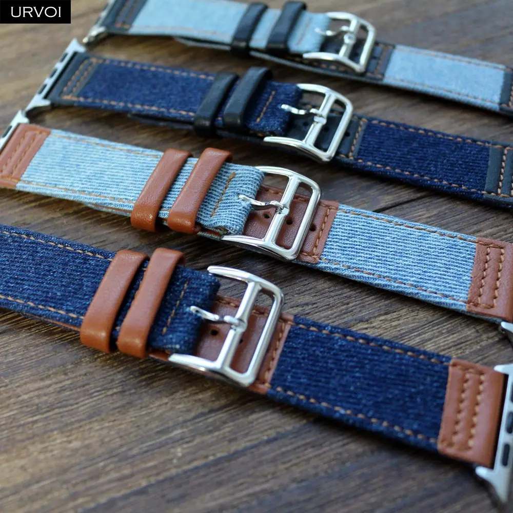 URVOI джинсовая лента для Apple Watch 5 4 3 2 1 кожа с джинсовым ремешком холст запястье для iwatch прочный conformable с адаптерами