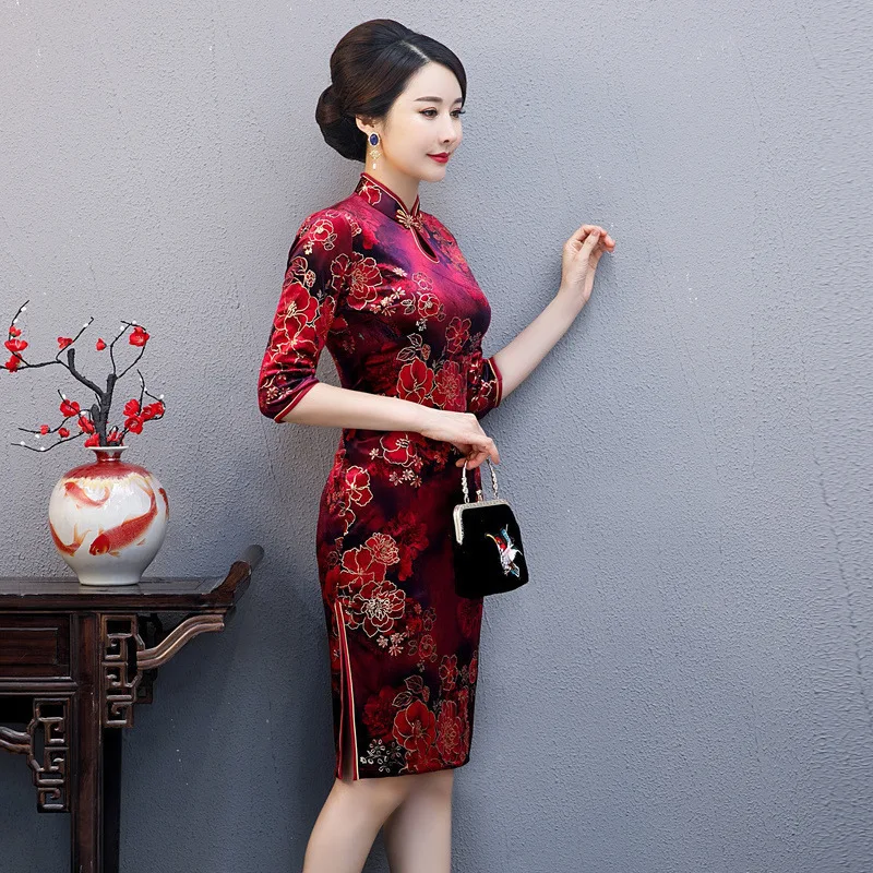 Открытый дождь, осень и зима,, бронзовая бархатная рубашка с коротким рукавом, средней длины, Чонсам ежедневно, облегающая одежда