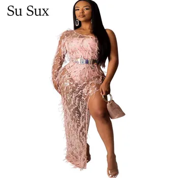 

Sequin Pearl Feather Evening Party Dress Women African Clothes Sexy One Sleeve Bodycon Dress Perspective Robe Nighthclub Vestido